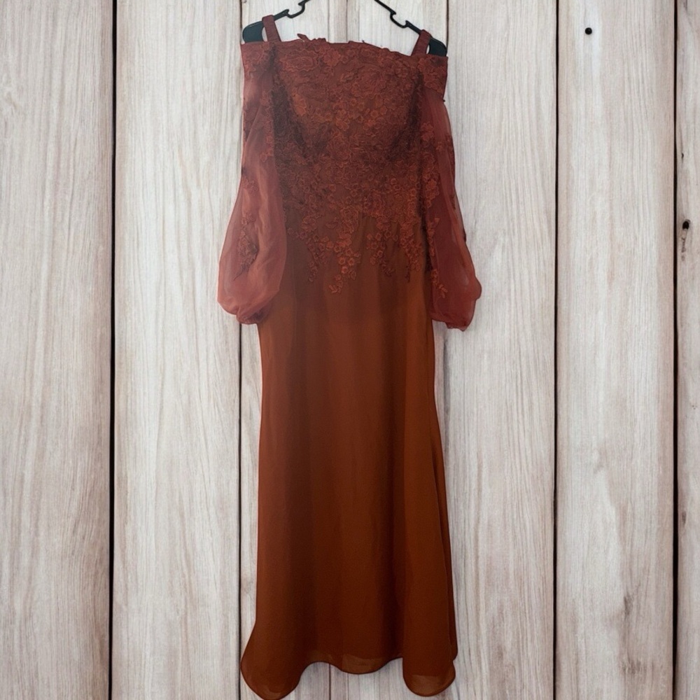 Elegant Lace Off-Shoulder Dress in Rust